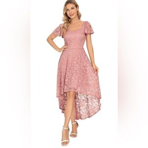 MUADRESS Floral Lace Bridesmaid Party Dress High Low Hem V Neck Formal Dresses